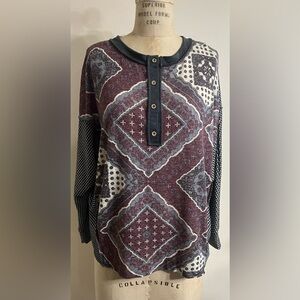 Three Birds Nest On Point Boho Mixed Print Knit/Woven Top Size Medium